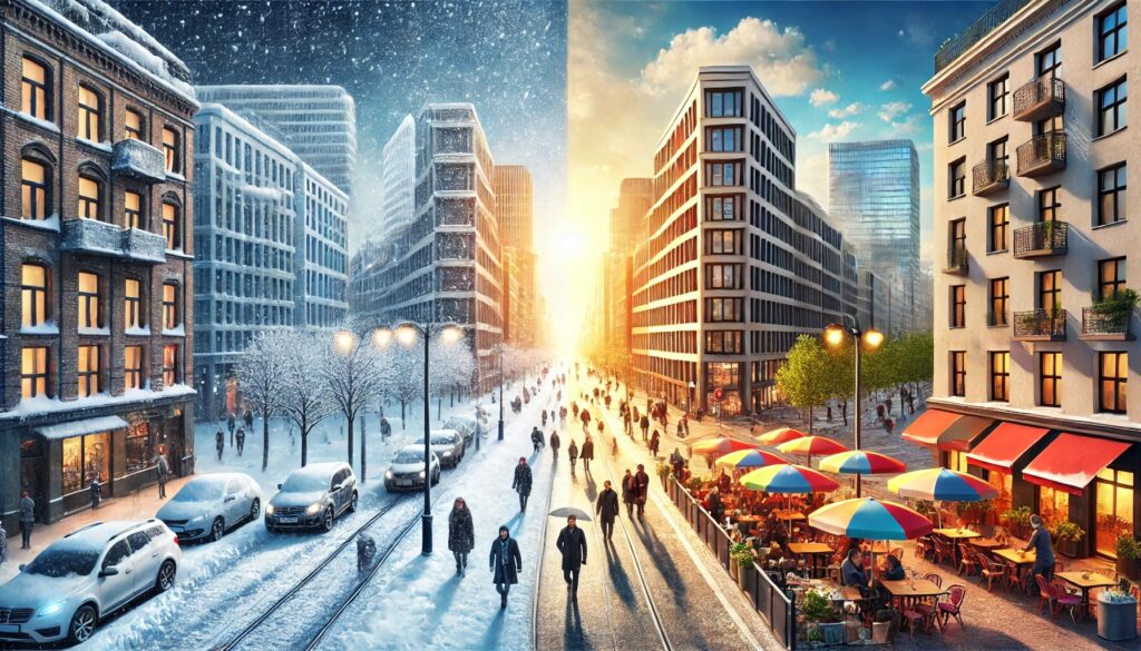 Imagen representando el verano y el invierno en cada mitad de la foto. ¿Cuál es la mejor época del año para viajar a España?